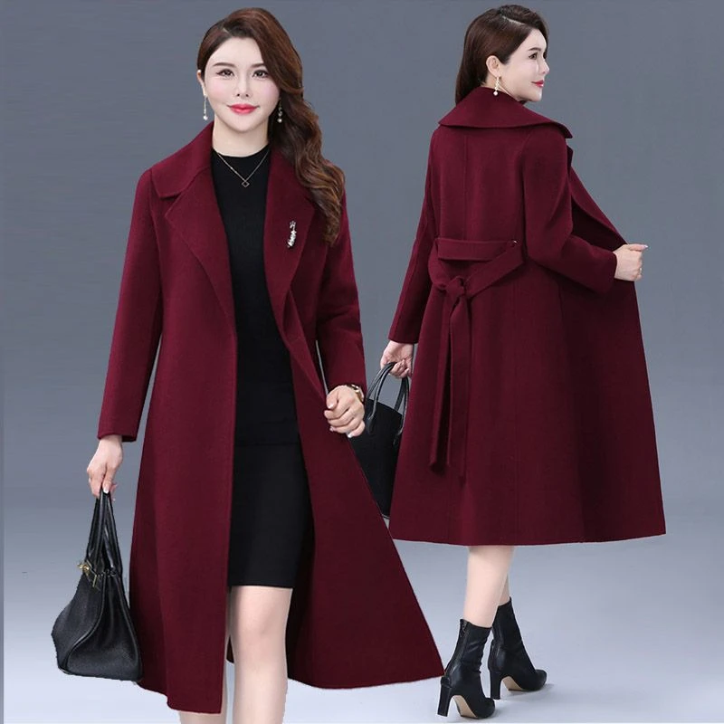 双面呢羊绒大衣秋冬中年洋气妈妈装喜婆婆收腰细带中长款羊毛外套