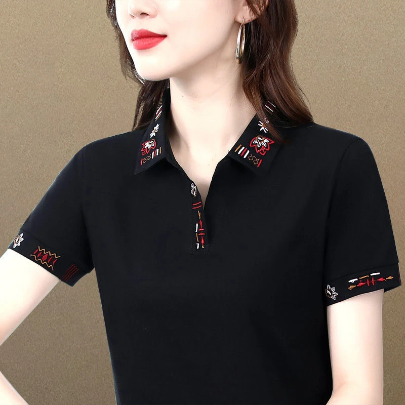棉短袖t恤女夏季2024修身减龄气质翻领新款polo衫大码绣花上衣