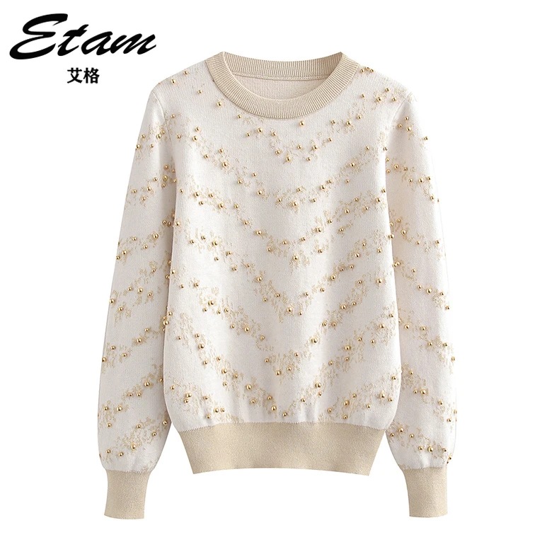 Etam/艾格秋季新款重工钉珠毛衣圆领修身长袖高级感气质针织上衣