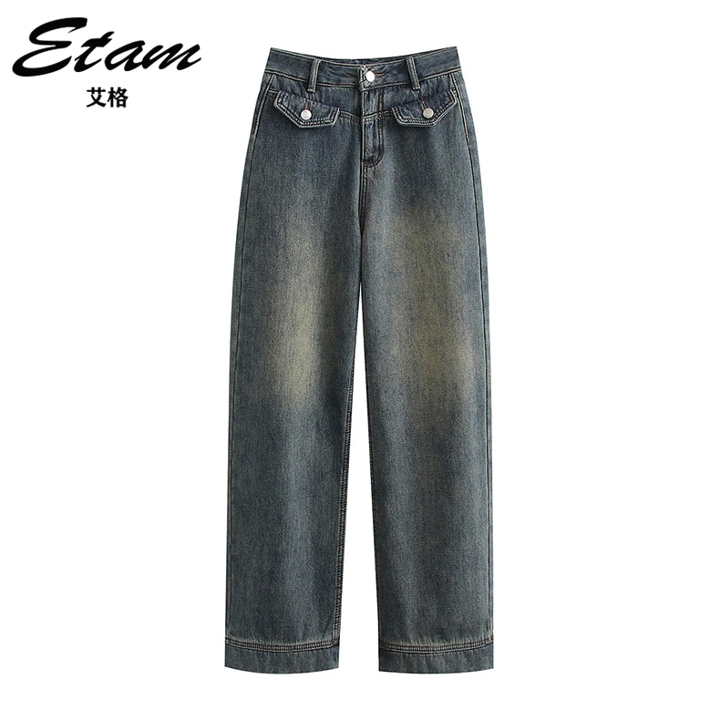 Etam/艾格秋冬新款加绒复古牛仔裤休闲宽松百搭高腰直筒拖地裤
