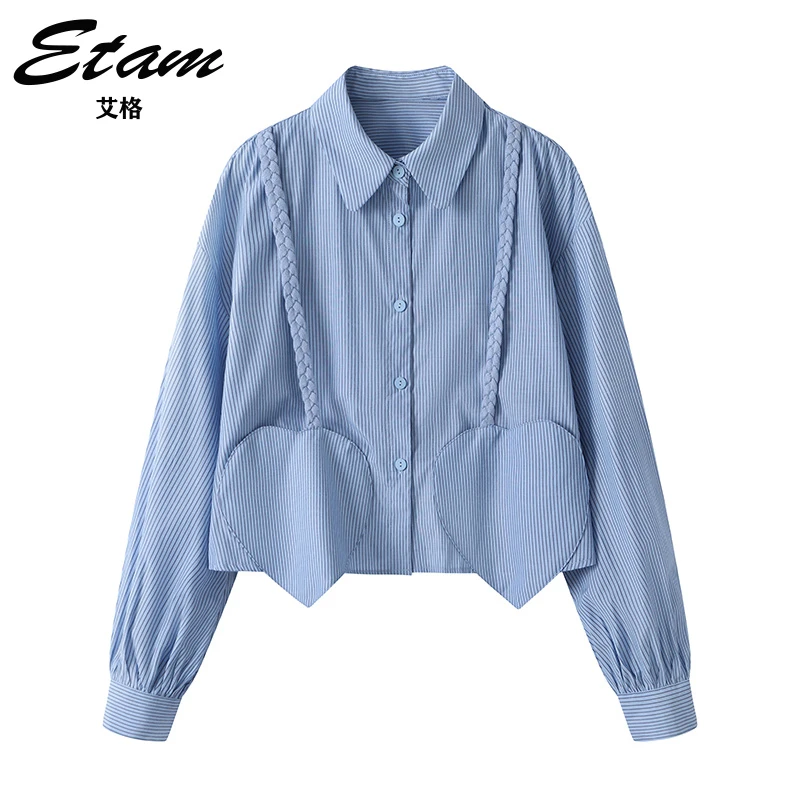 Etam/艾格条纹泡泡袖衬衫秋季新款短款衬衣设计感小众法式衬衣