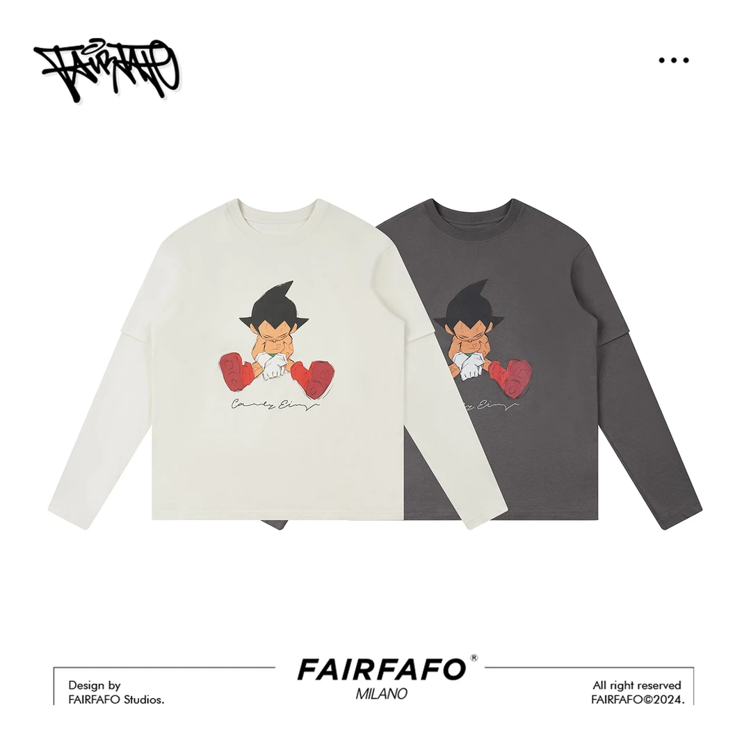 FAIRFAFO林肉肉【美式印绣花假两件T恤】印花长袖纯棉时尚CXAL49060