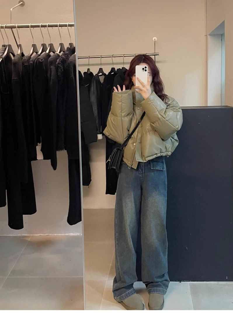 【PU蛋白皮免洗】短款羽绒服女2024新款冬季加厚外套宽松肯豆风小个