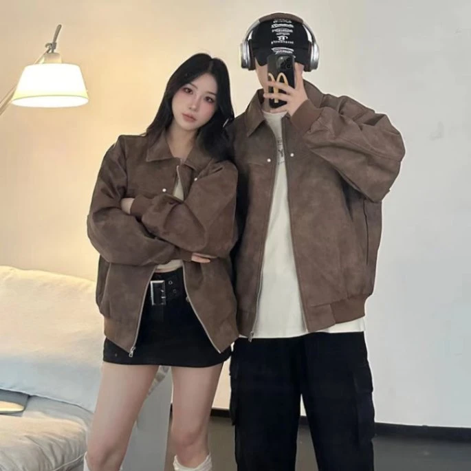 情侣装鹿皮绒外套新款宽松男女中性风春秋季夹克上衣潮流皮衣夹克