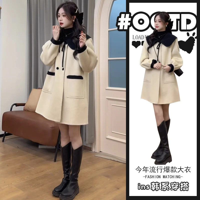 2024秋冬设计感别致娃娃脸撞色拼接外套欧美宽松小个子保暖大衣女