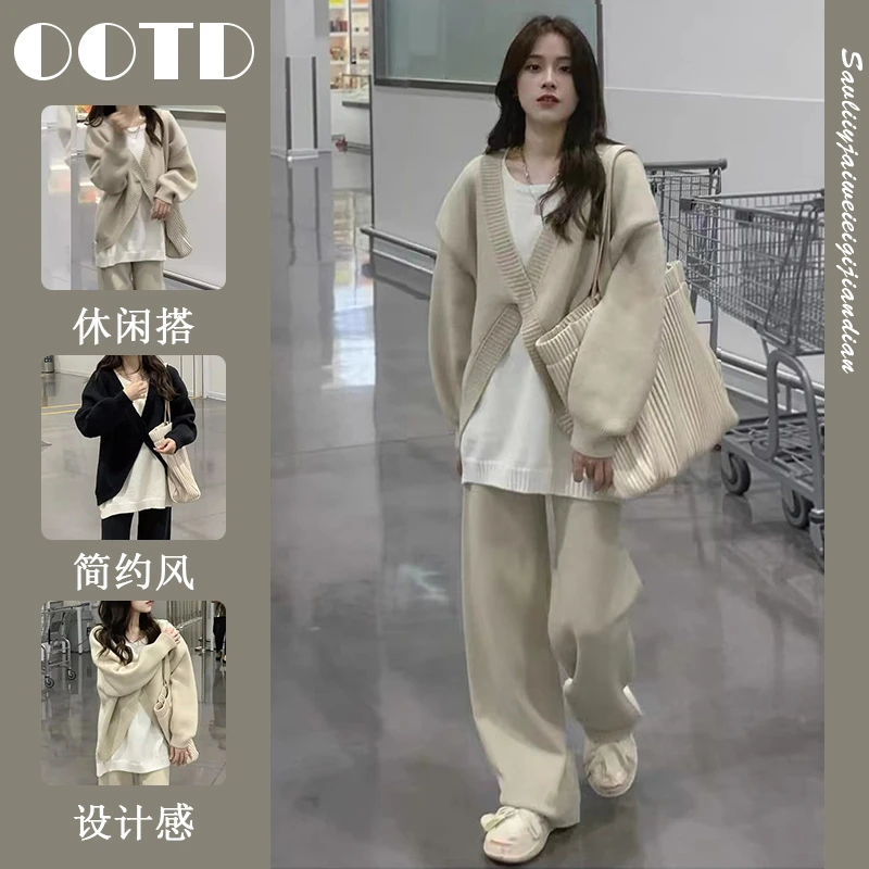 大码胖mm秋冬季新款休闲针织毛衣宽松减龄穿搭显瘦阔腿裤两件套装