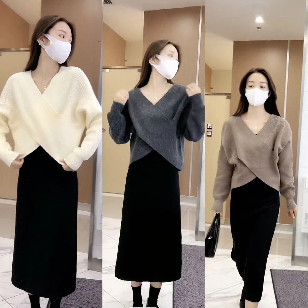 秋装2024年新款女小香风套装女慵懒风V领针织衫高腰半身裙两件套