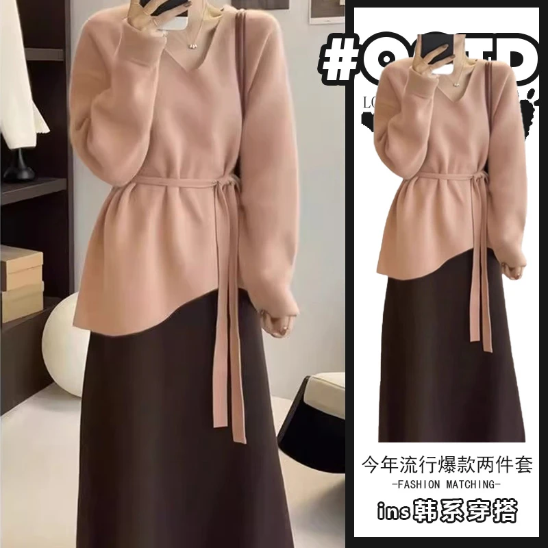 春秋搭配一整套2024新款韩版温柔系宽松针织毛衣显瘦半身裙两件套