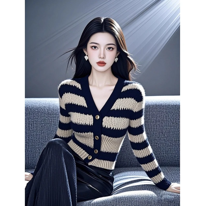 撞色V领条纹外搭长袖针织开衫女2024早秋季新款休闲长裤两件套女