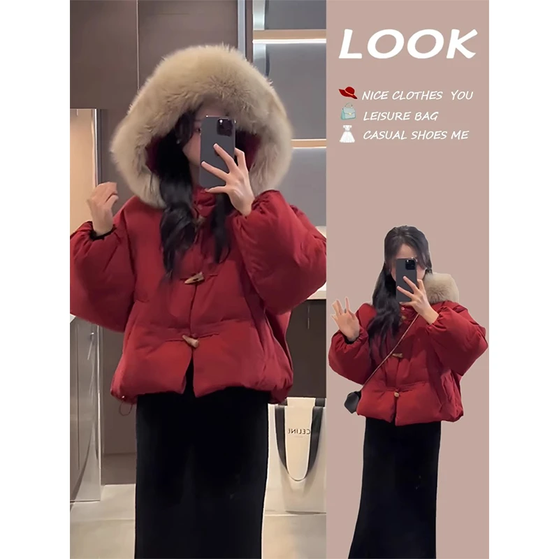 新年战袍红色短款棉服大毛领外套女秋冬小个子高级感过年喜庆套装