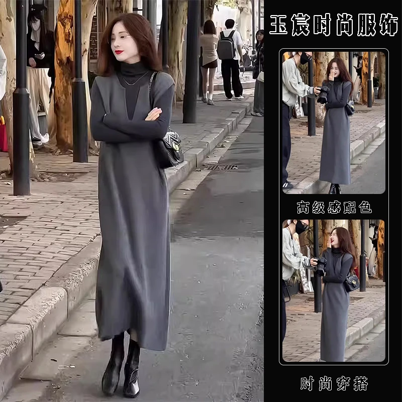 秋季气场强大名媛气质女神范高级感韩系小香风灰色背心连衣裙套装