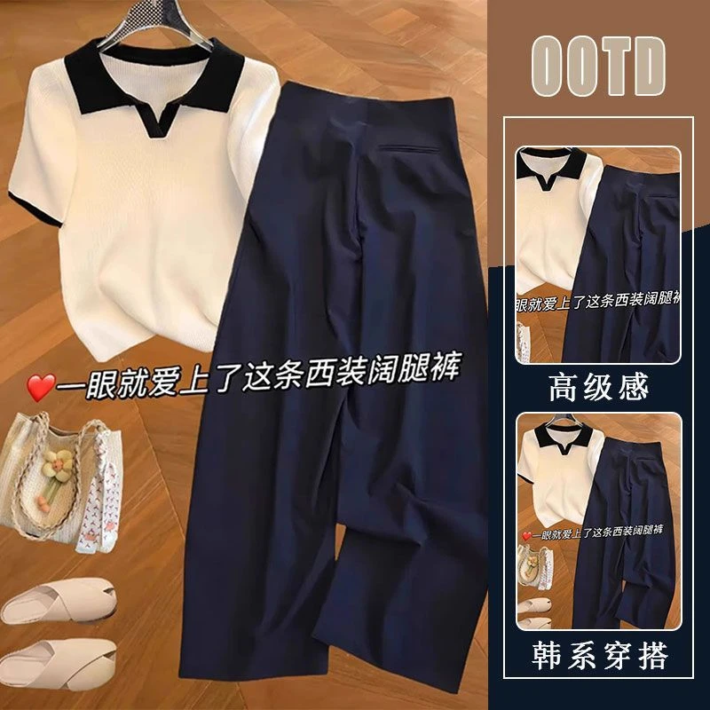 今年流行的漂亮套装女夏季松弛感Polo领短袖上衣阔腿裤两件套装女