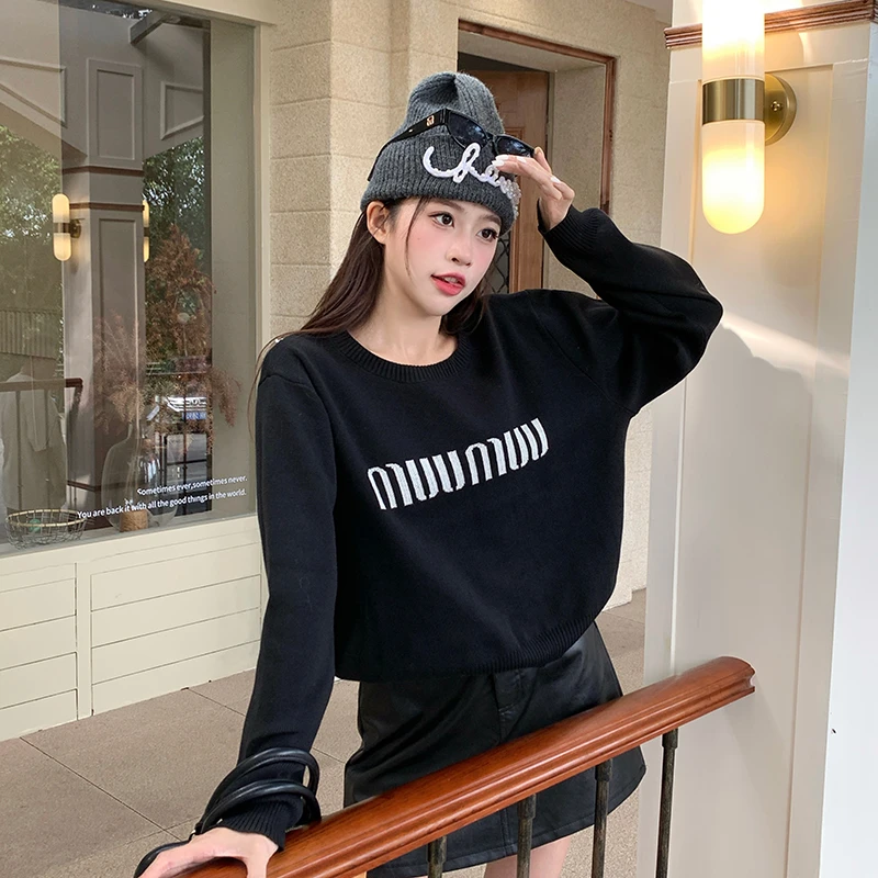 【L定制-Miu小姐】大码胖mm韩版正肩字母显瘦百搭长袖套头针织毛衣