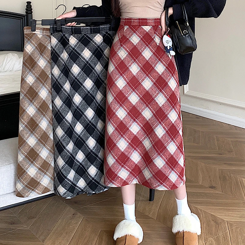 大码胖mm秋冬厚款格纹半身裙高腰长裙短裙显瘦遮肚子百搭女