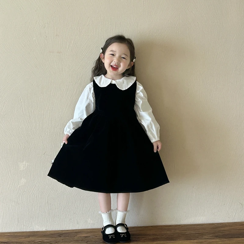 女童丝绒连衣裙两件套秋装新款洋气儿童公主娃娃领衬衫背心裙套装