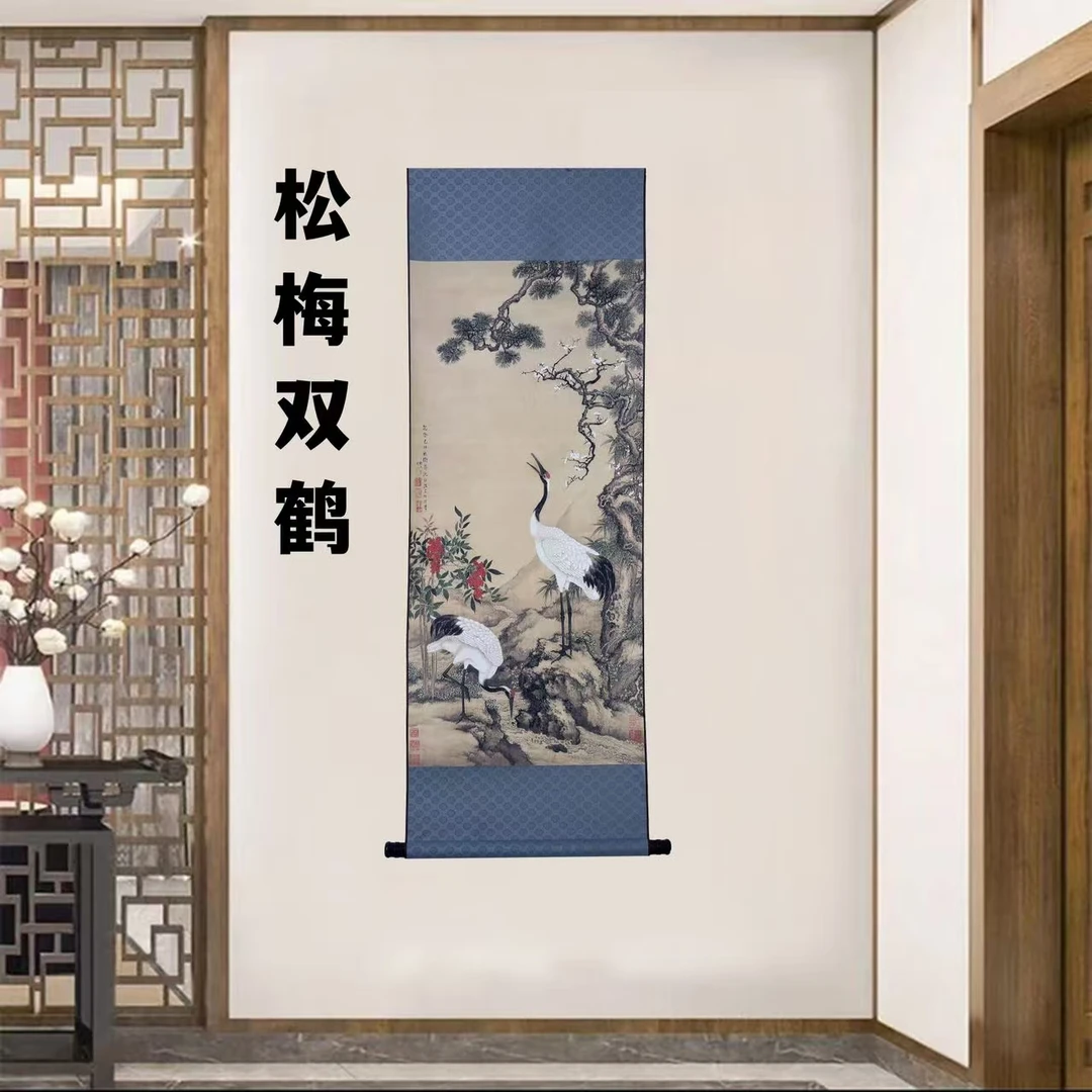 精装精裱45×140《松梅双鹤》流行中国风家居软装首选