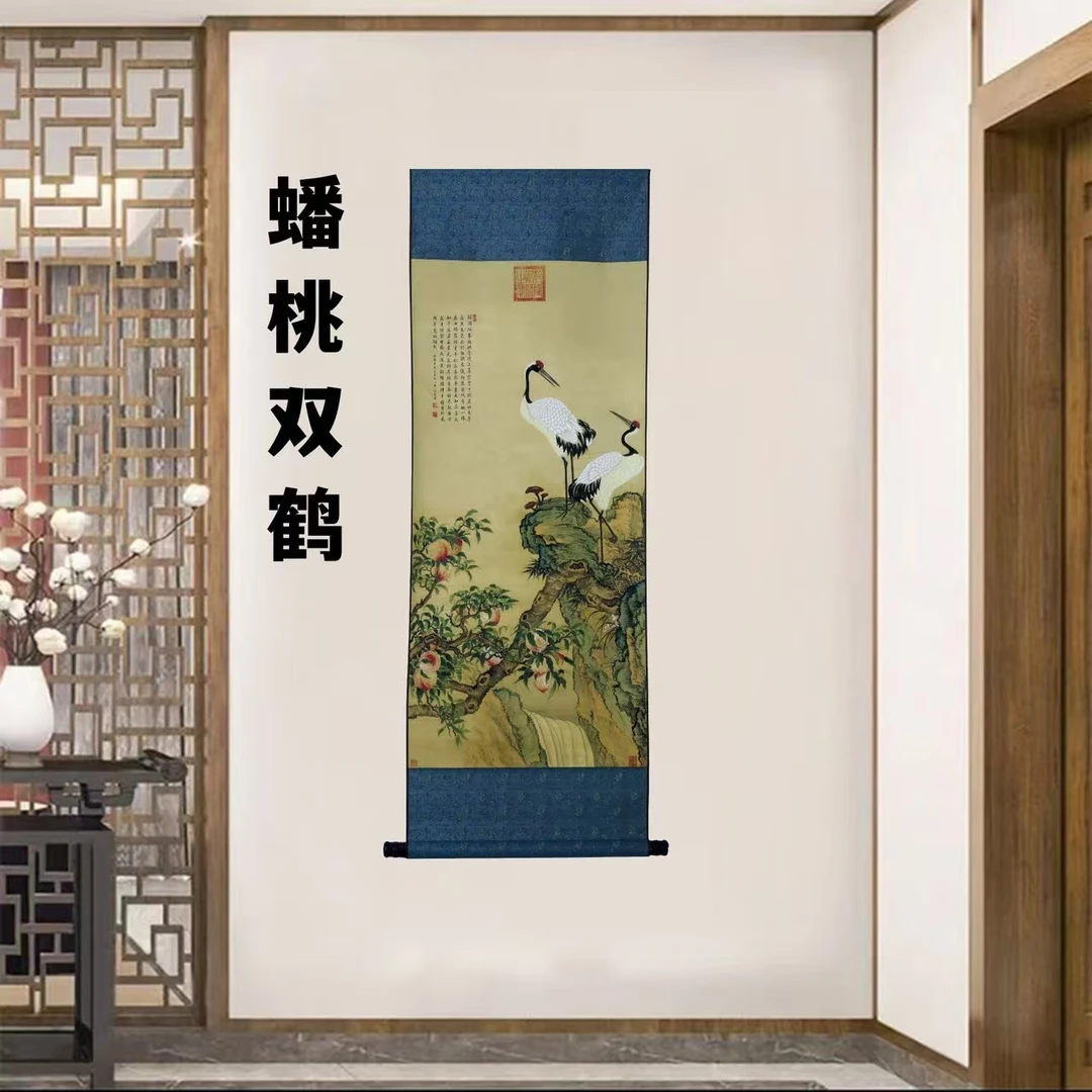 精装精裱45×140《蟠桃双鹤》流行中国风家居软装首选