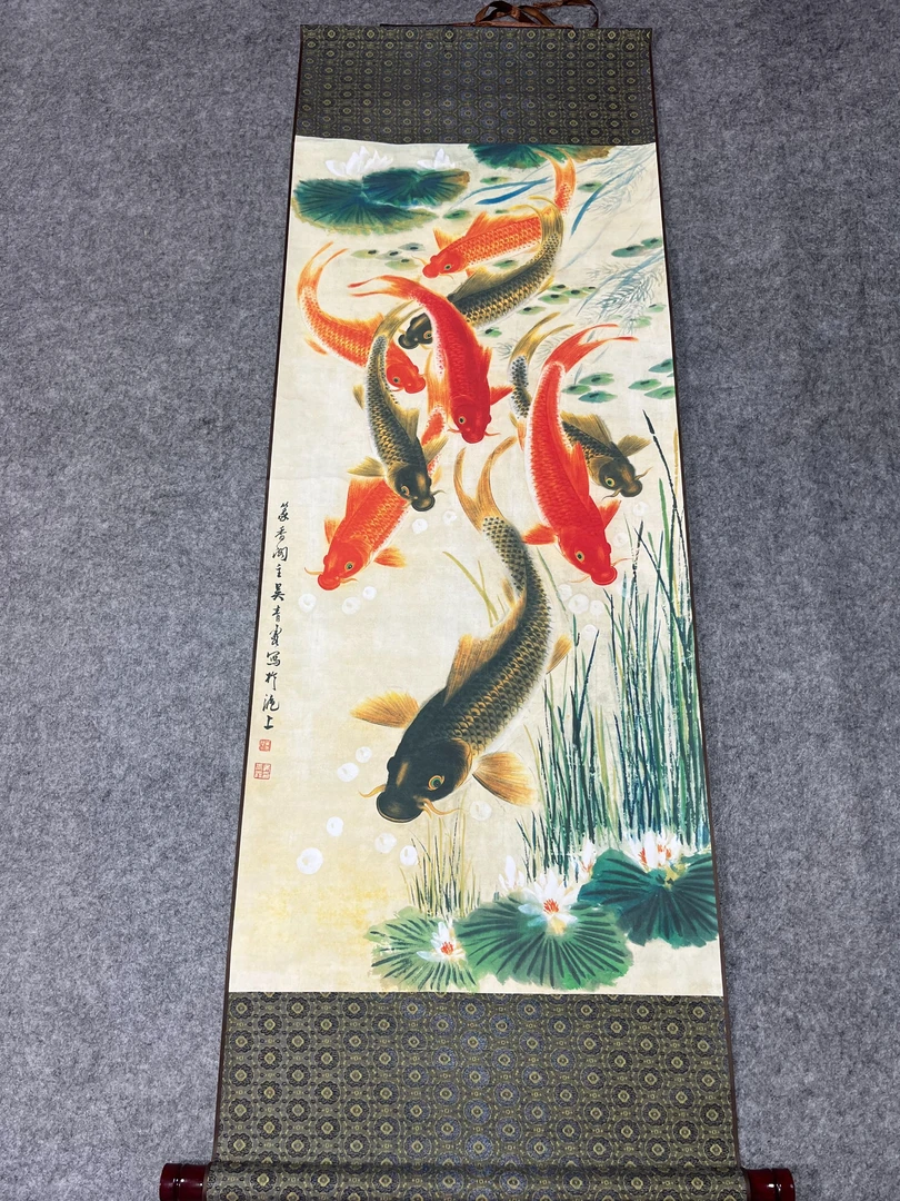 精装精裱45×140《九鱼图》流行中国风家居软装首选