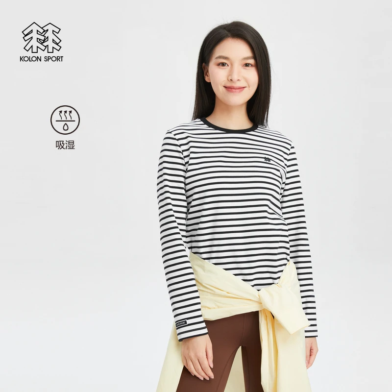 KOLON SPORT可隆女子吸湿运动条纹打底露营长袖春秋内搭T恤上衣