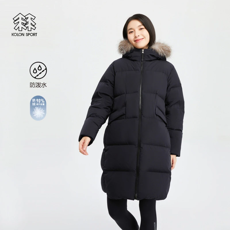 KOLON SPORT可隆女款羽绒衣户外防泼水保暖鹅绒服长款毛领鹅绒服
