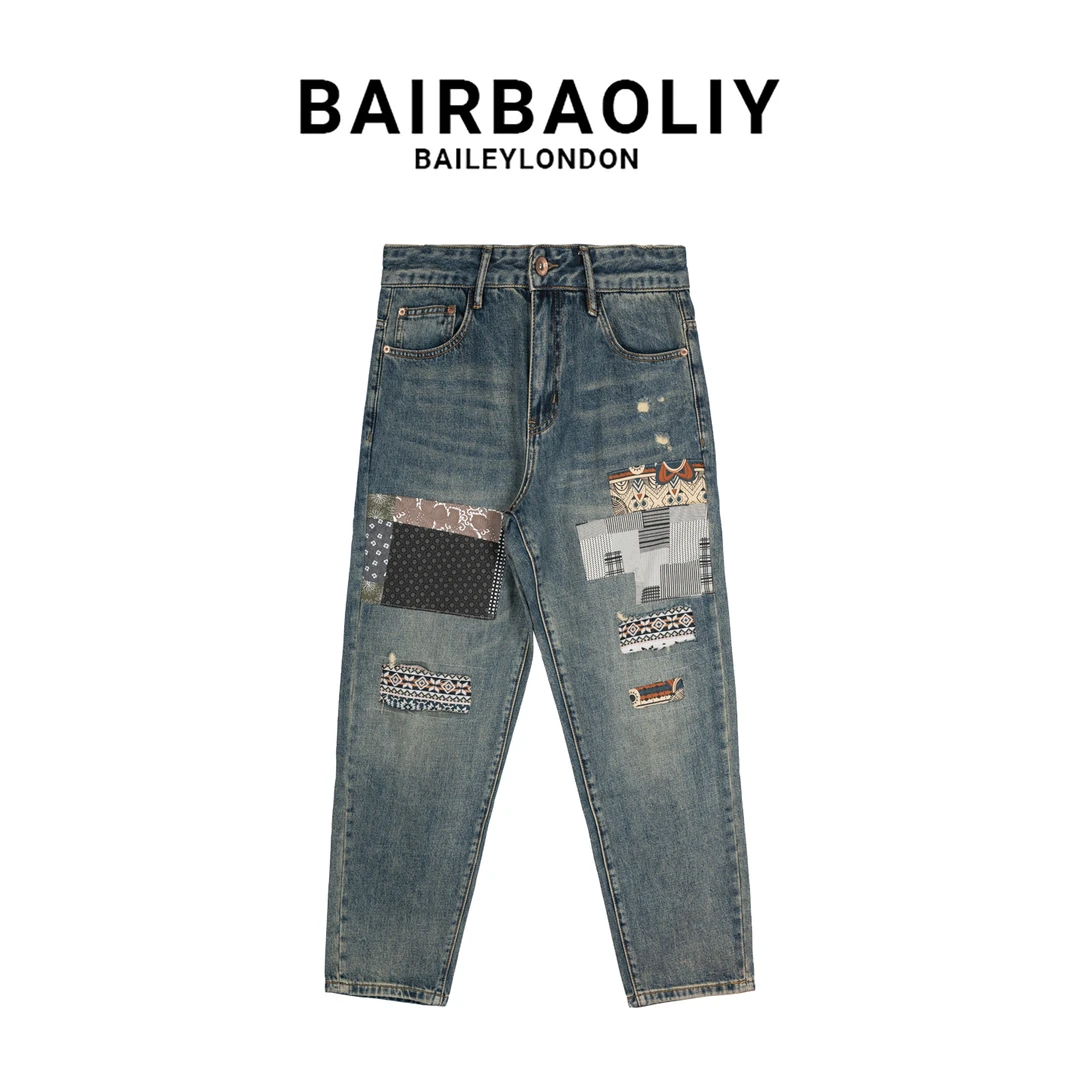 BAIRBAOLIY新款提花时尚拼接破洞高品质韩版宽松直筒男款牛仔长裤