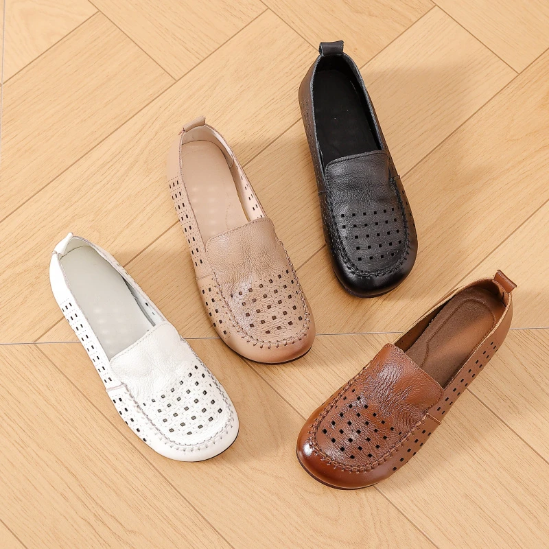 牛皮妈妈凉鞋真皮凉鞋大码女款鞋子女鞋软面防滑平底洞洞软底镂空