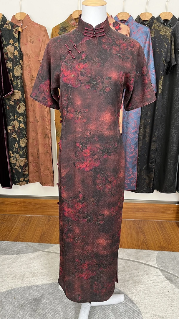 经典旗袍牡丹印花红色日常提花中长款复古国风新中式高端气质优雅