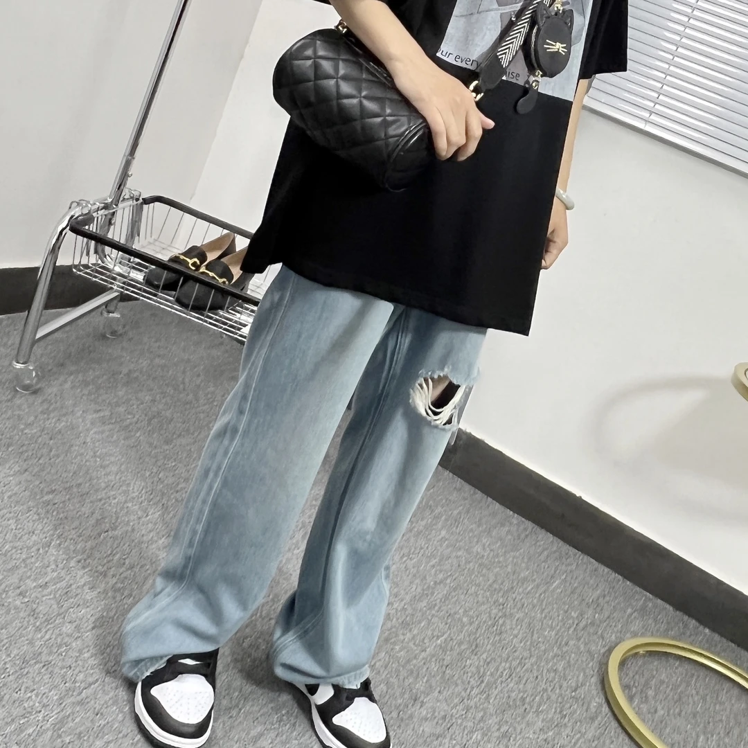 2023浅色薄款时尚百搭高腰显瘦直筒宽松阔腿裤磨破水洗牛仔裤女