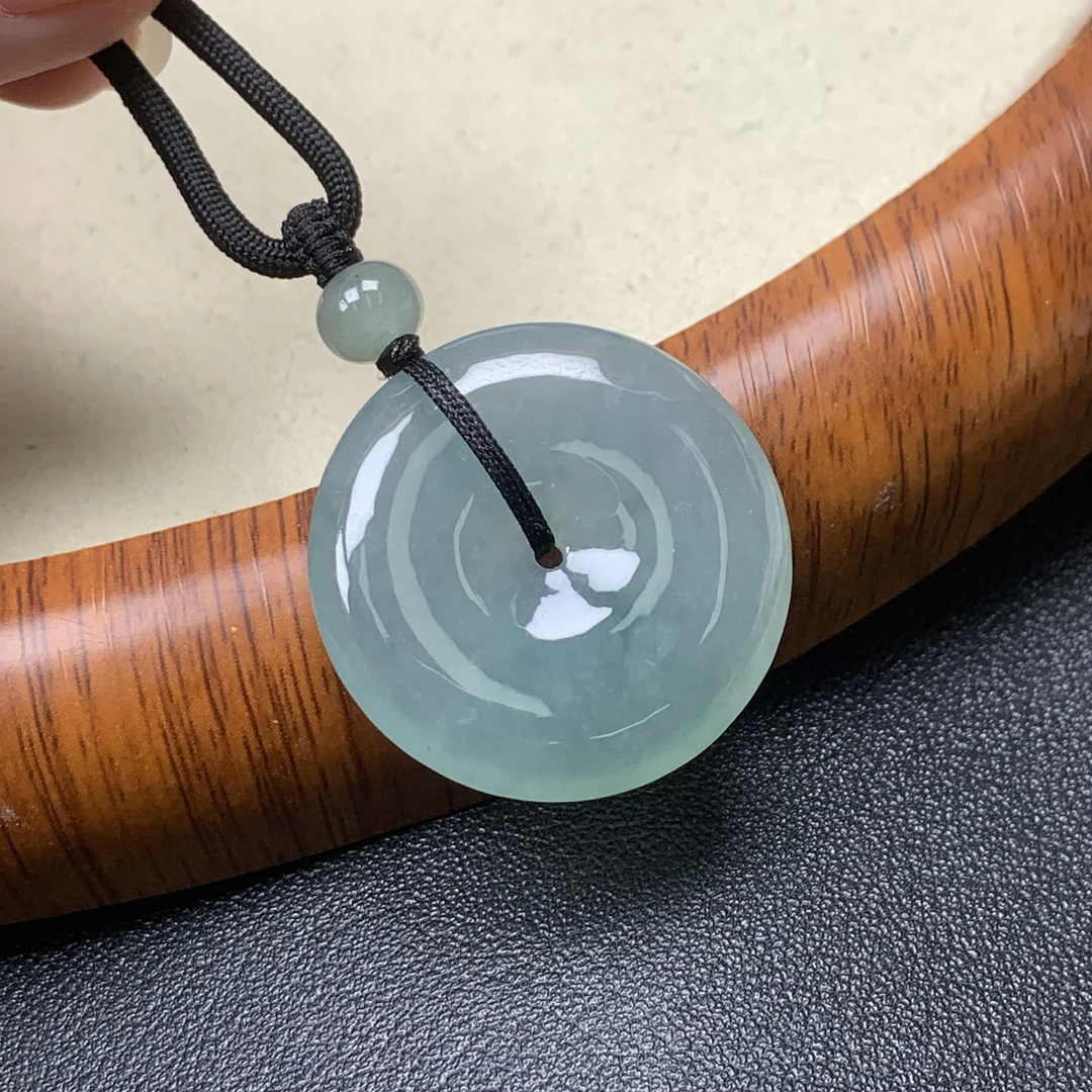 天然缅甸翡翠A货 湖水绿冰胶平安扣吊坠 30*6.1mm配高货绳证书