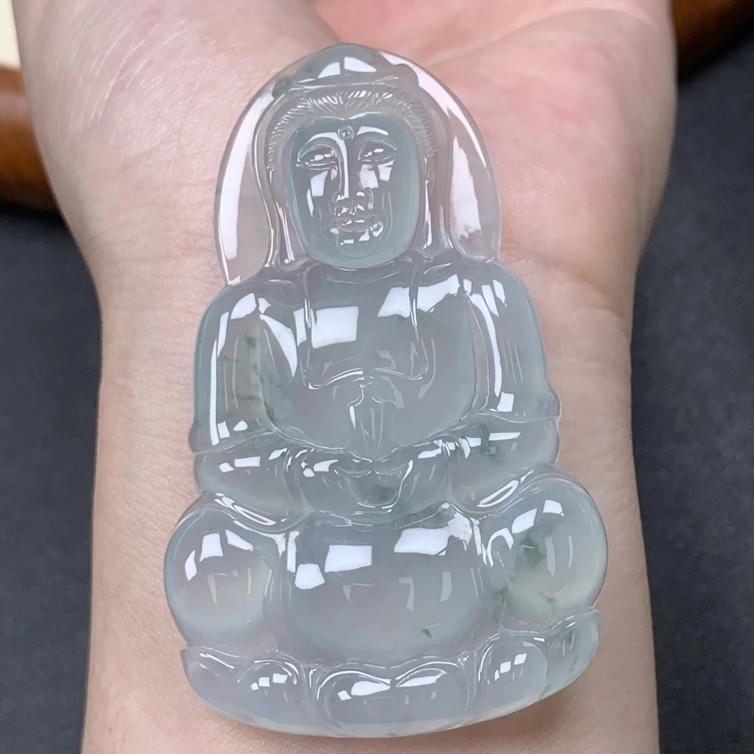 天然缅甸翡翠A货冰种飘花观音吊坠64.2*40.2*6.6mm翡翠观音