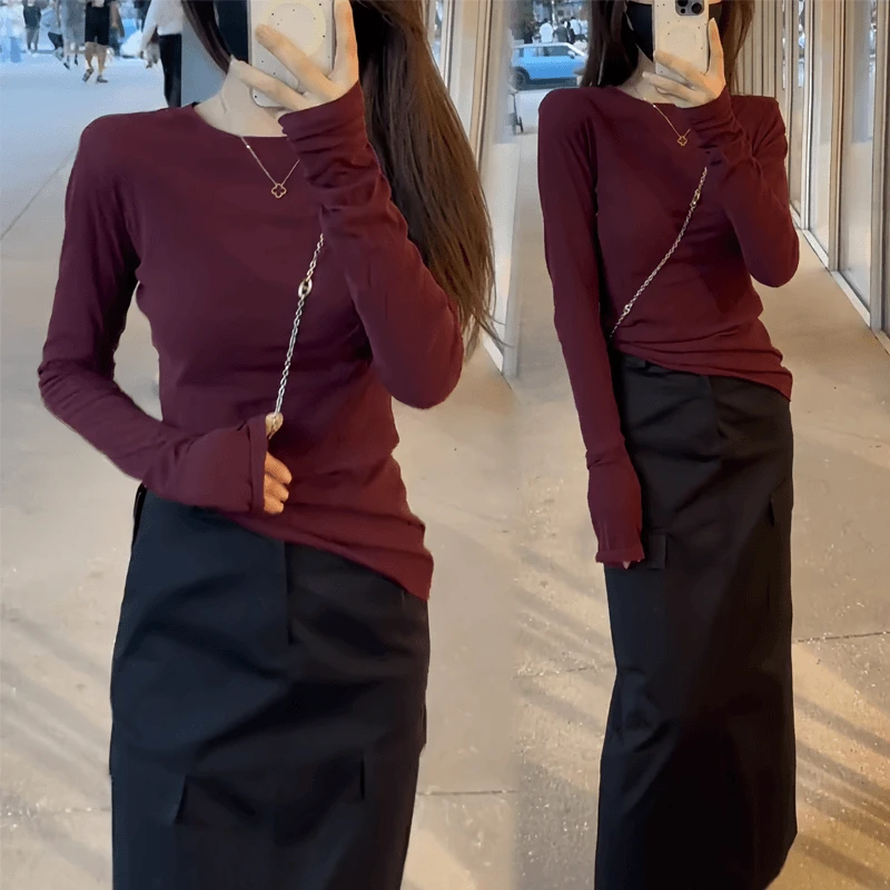 纸片人t恤2024春秋打底衫长袖修身显瘦百搭慵懒风上衣高腰半身裙