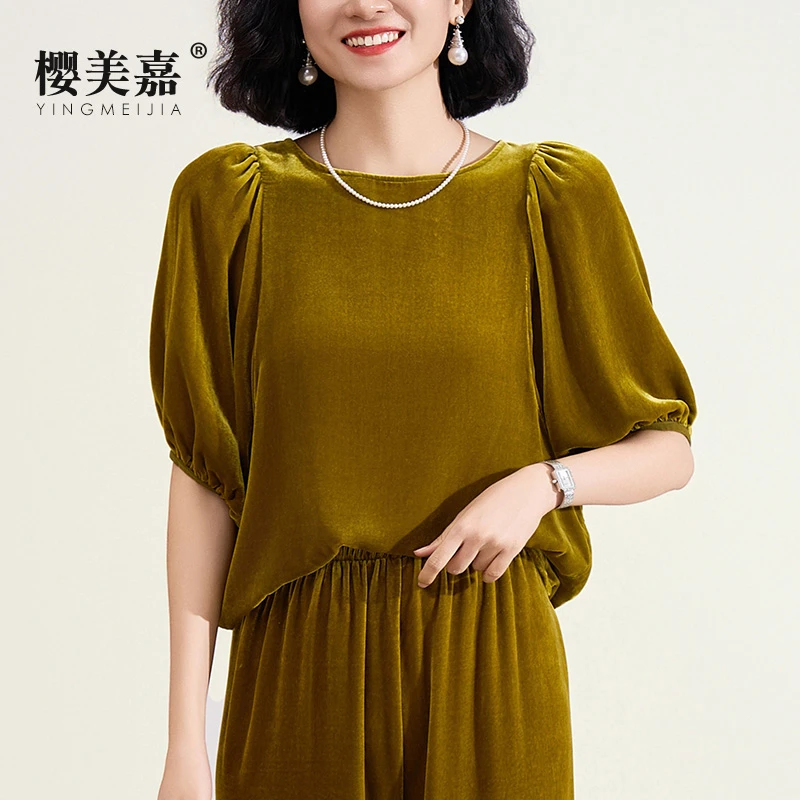 L07樱美嘉桑蚕丝真丝丝绒减龄复古高级感灯笼袖洋气显瘦百搭夏季