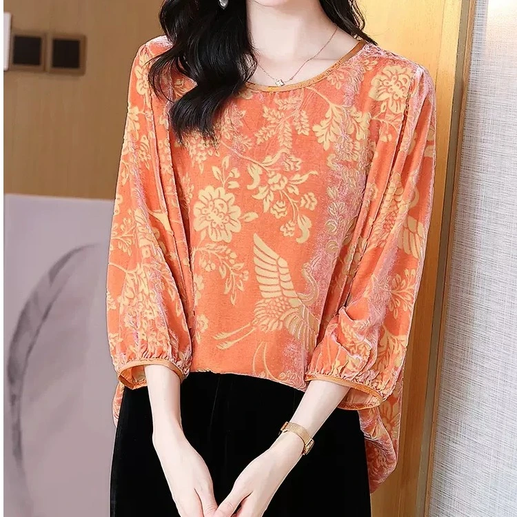 【清仓13136】樱美嘉圆领宽松大码气质真丝丝绒上衣七分灯笼袖上衣