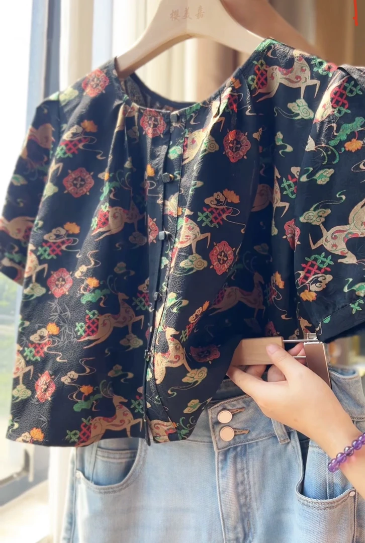 【小鹿DY1673】樱美嘉真丝香云纱花萝桑蚕丝国风开衫上衣