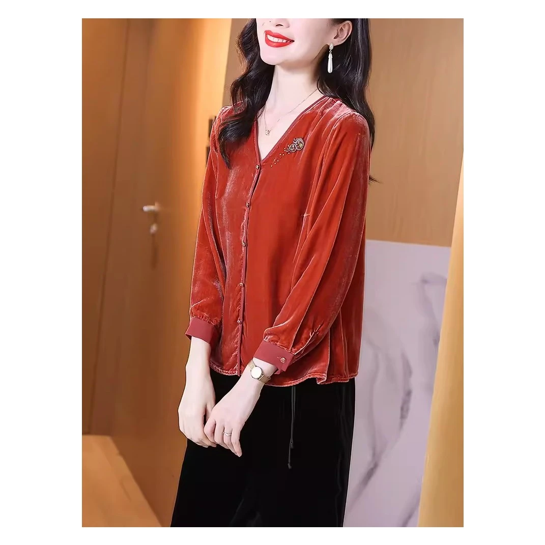 DY1182樱美嘉衬衣丝绒百搭显瘦长袖套头桑蚕丝上衣中式法式衬衫女