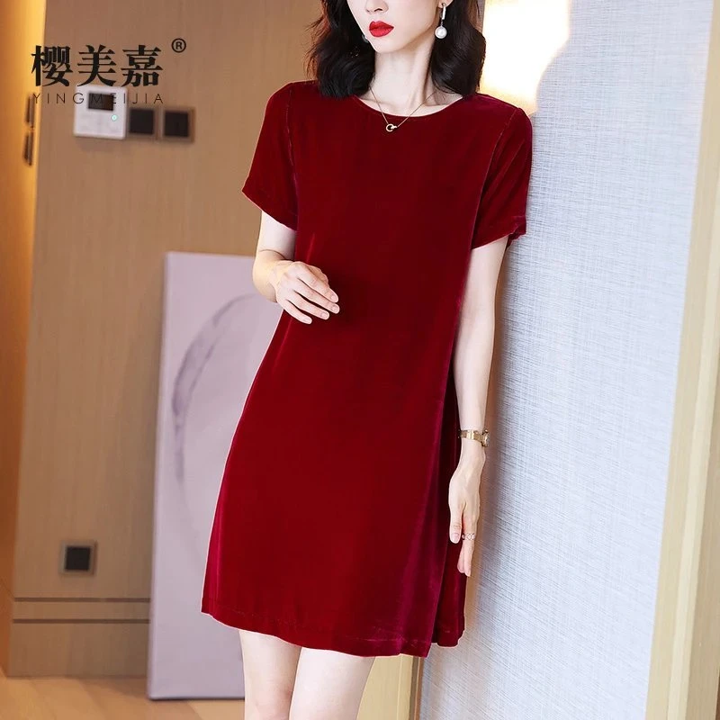 微瑕11525樱美嘉时尚韩版宽松桑蚕丝丝绒纯色连衣裙甜美圆领