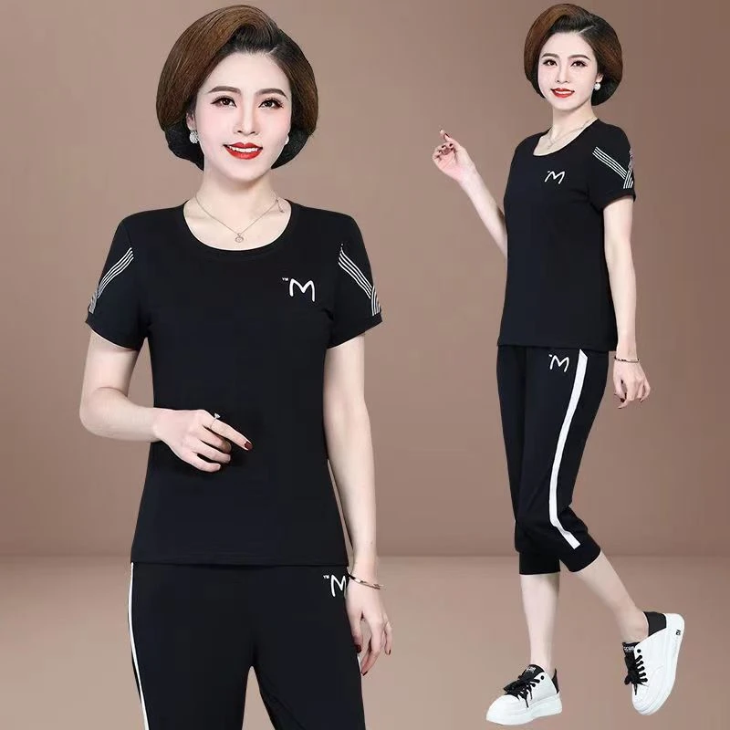 妈妈装夏装短袖休闲运动套装女中老年时尚洋气宽松T恤上衣两件套