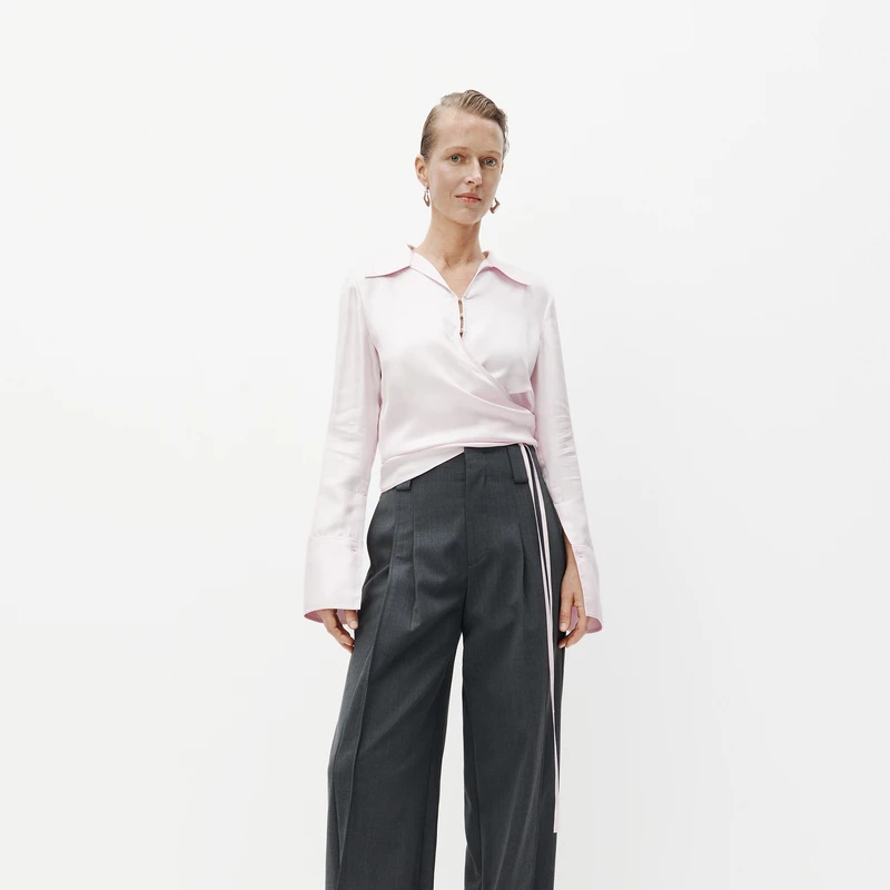 【商场同款】edition桑蚕丝淡粉色围裹交叠绑带衬衫女#EBC3TOP016