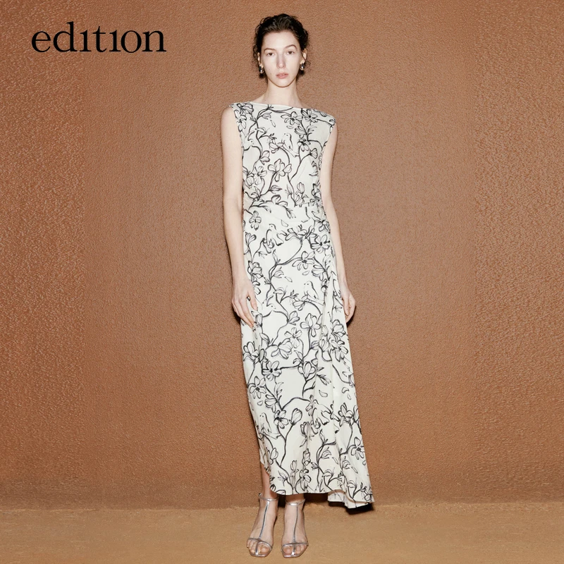 edition欧若风夏季女装连衣裙清冷感褶皱收腰亚麻长裙#EBD2DRSK09