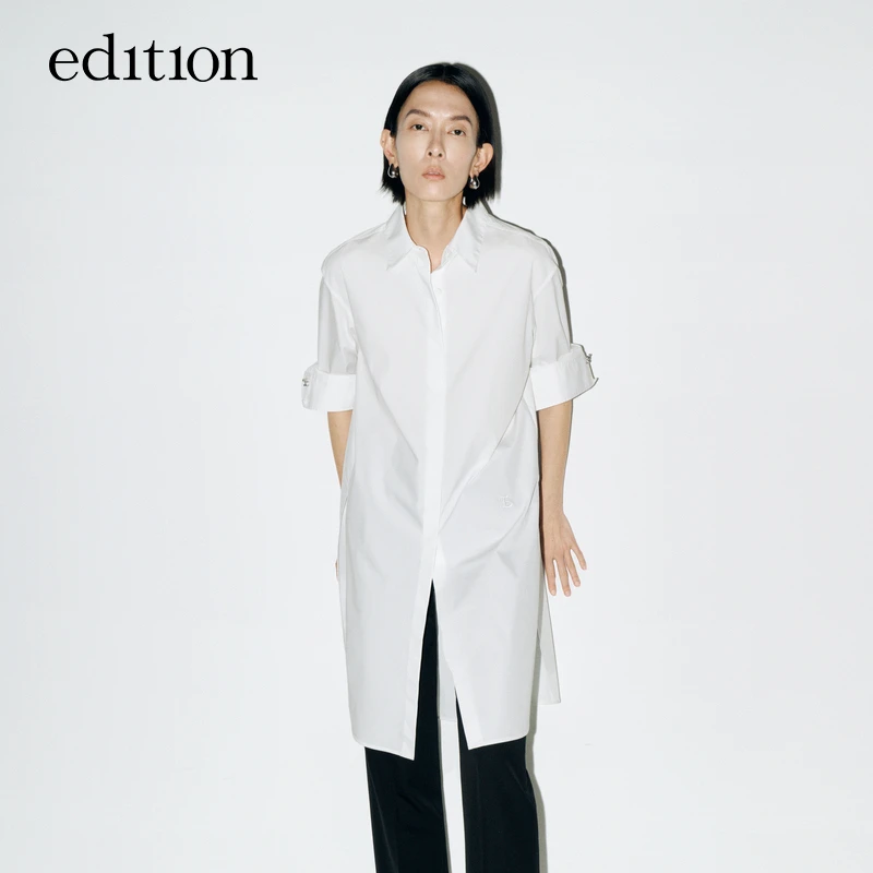【精英衣橱系列】edition翻领中长款白色宽松衬衫#EBD1SHT019