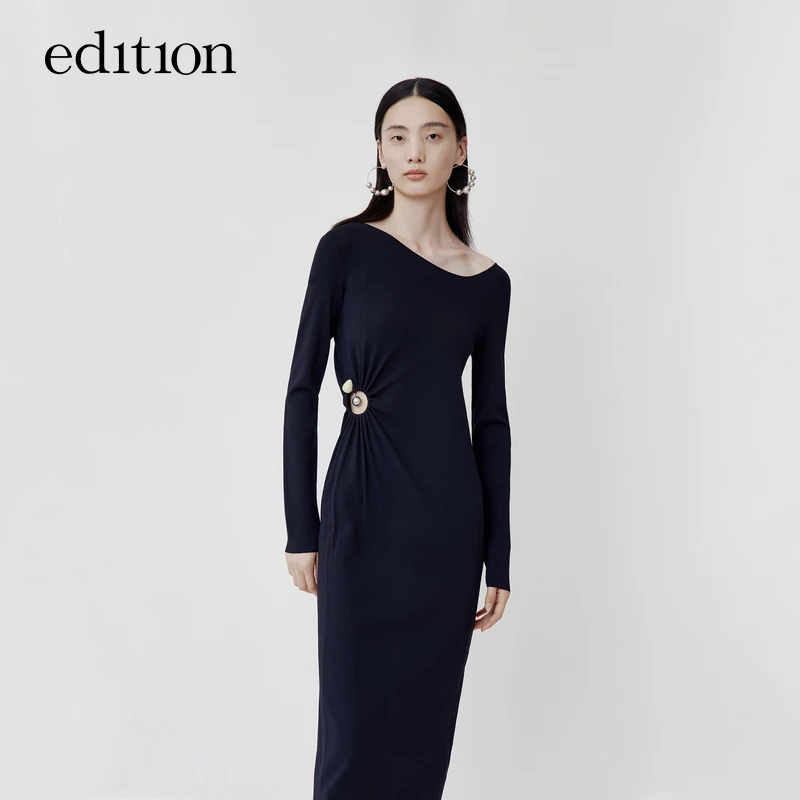 【商场同款】edition斜领针织连衣裙气质小黑裙#EBB4DRS017