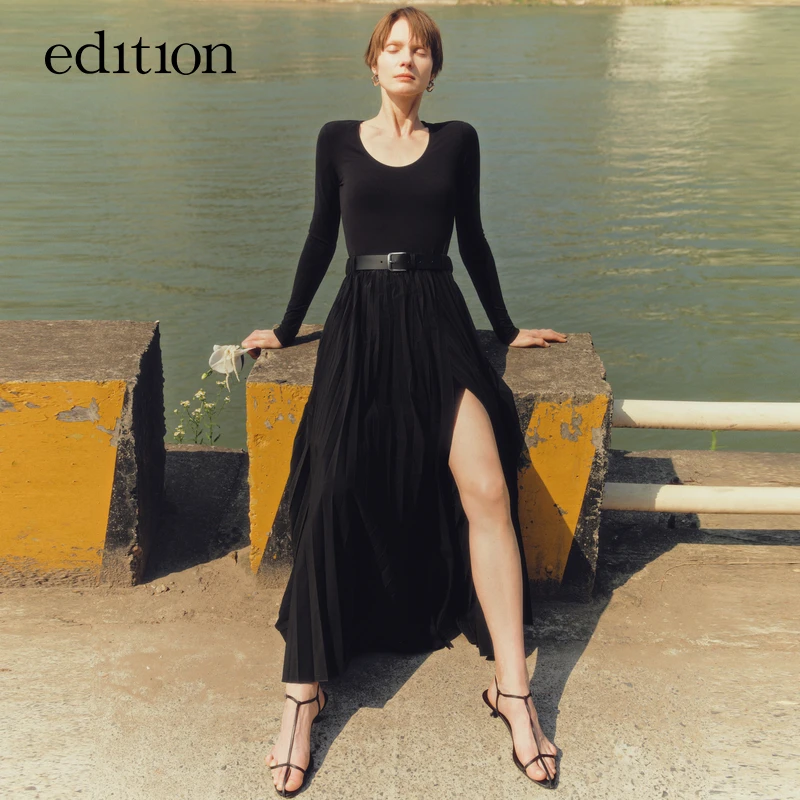 edition秋连衣裙女芭蕾领长袖拼接压褶小黑裙#EBC3DRST19