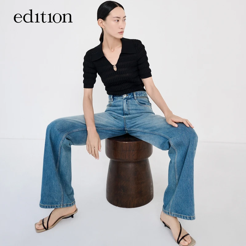 【CC专属】edition时尚休闲条纹翻领短袖针织衫女#EBC2SWT015