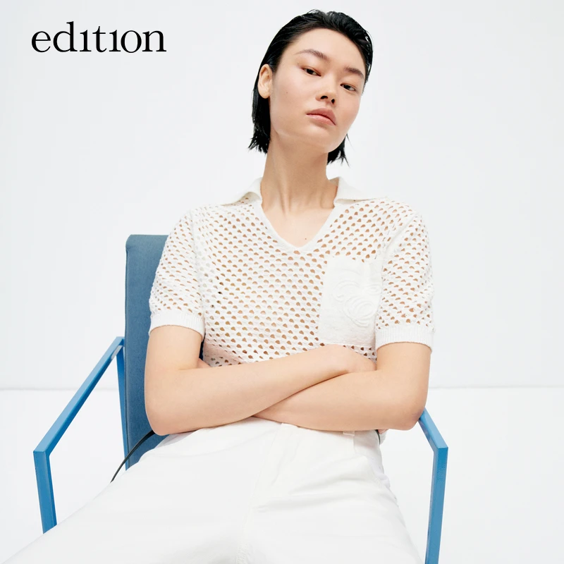 edition夏款针织罩衫女小翻领棉麻镂空针织衫#EBD2SWTT06