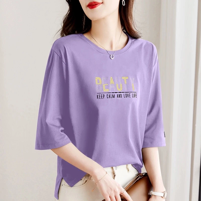 七分袖t恤女士中袖上衣2025年新款夏季爆款女装宽松洋气显瘦短袖