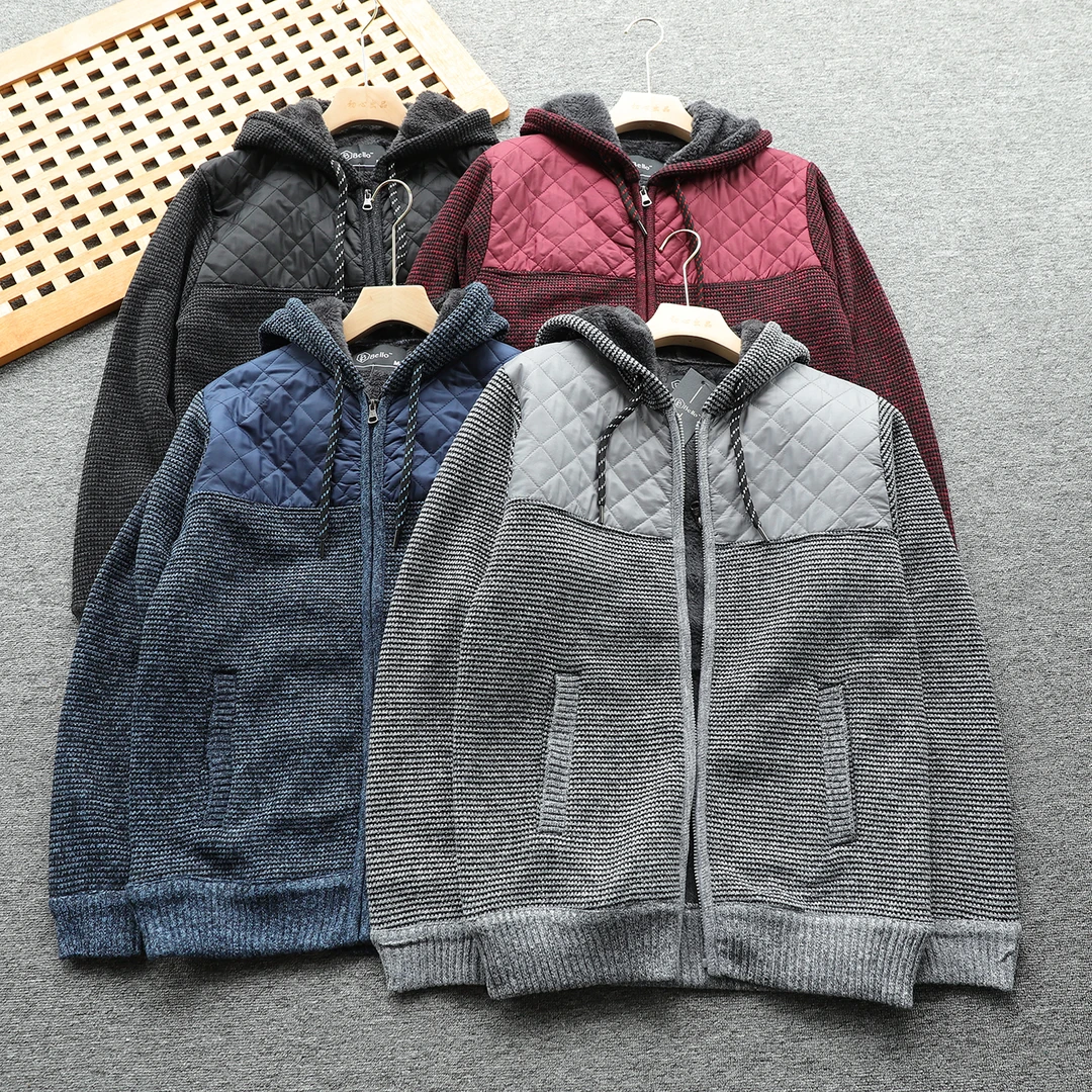 美单 男士连帽加绒加厚针织拼接防风外套保暖秋冬