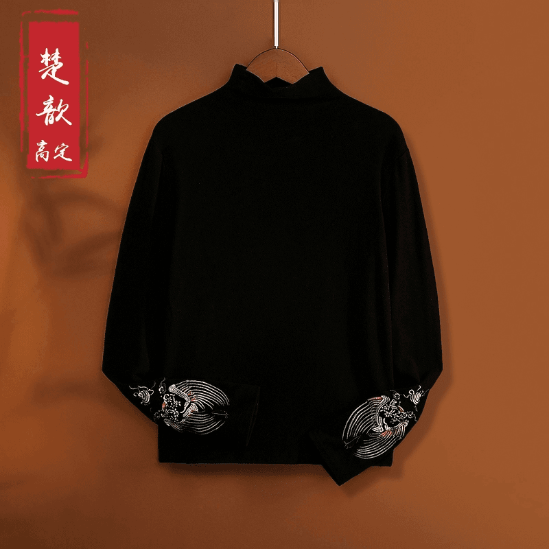 【轻羽】2023新款秋冬打底衫女新中式复古国风刺绣半高领长袖T恤衫