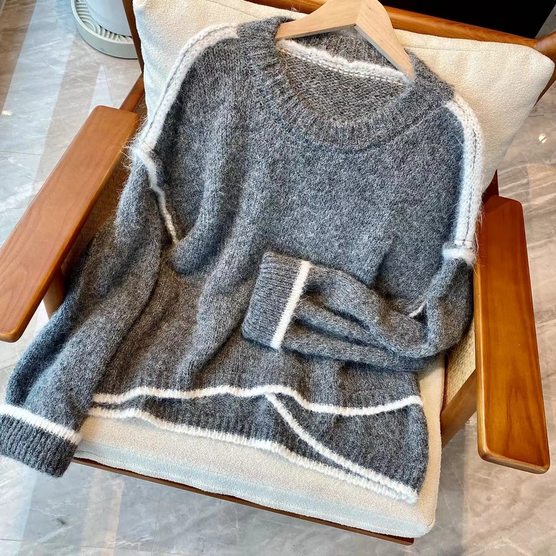 设计感不规则撞色毛衣2025秋季新款宽松时尚小众慵懒风针织上衣女