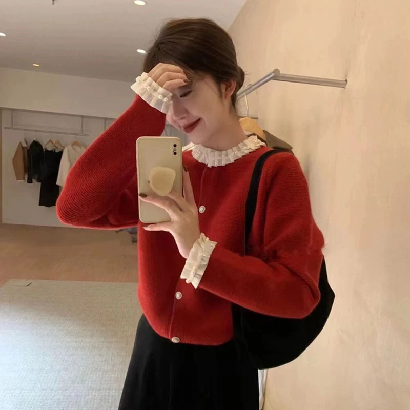 2025秋冬圆领木耳边钉珠长袖时尚针织开衫毛衣女厚实短外套百搭款