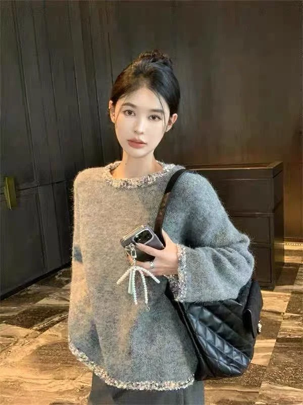 小香风撞色圆领毛衣外穿女冬季高级感软糯宽松针织衫气质套头上衣